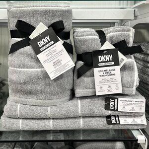 8 Pc DKNY Bath Towels Gray Grey White Stripes Striped Eco Friendly Cotton Blend